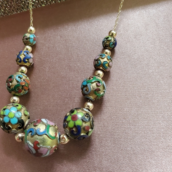 Vintage 14k Gold Cloisonne Bead Necklace - Picture 2 of 9